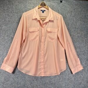 Old Navy Sheer‎ L Shirt Melon Orange Button Down Blouse Roll Tab Sleeve l/s Top